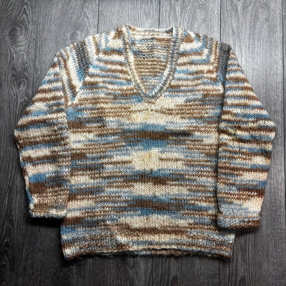 Vintage Hand Knit Mohair Sweater Mens Medium V-Neck Space Dye Brown Blue Fuzzy
